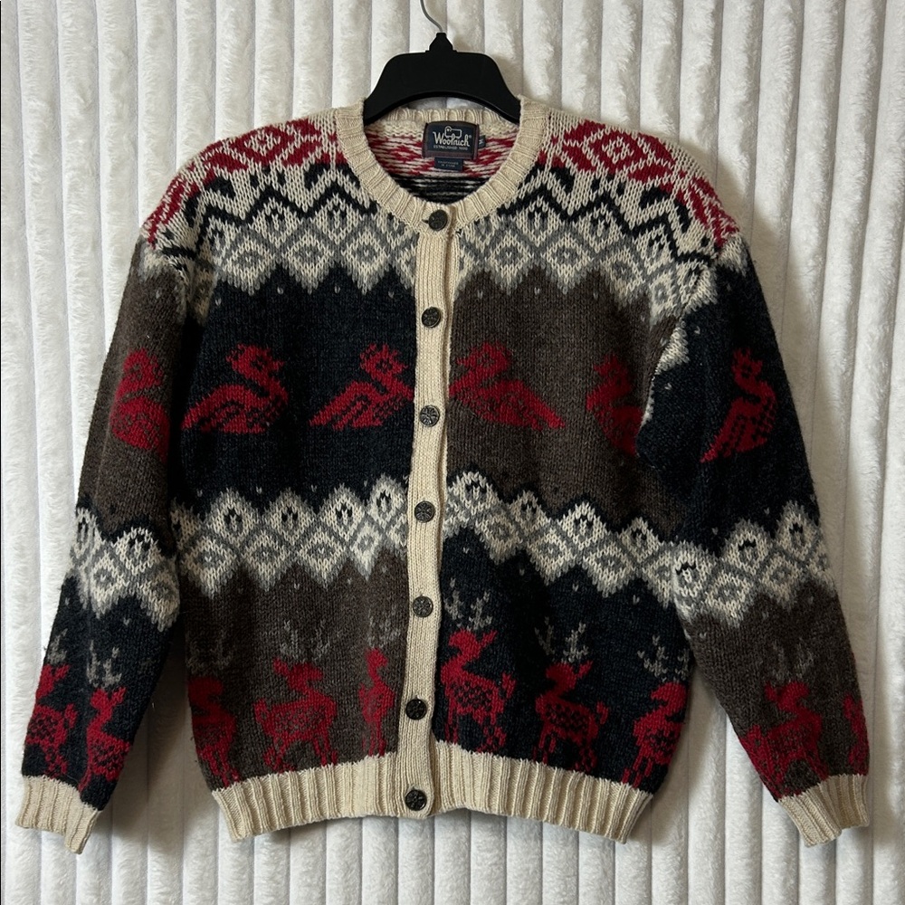 Vintage Woolrich button front wool Cardigan Sweater Medium Wool Fair Isle